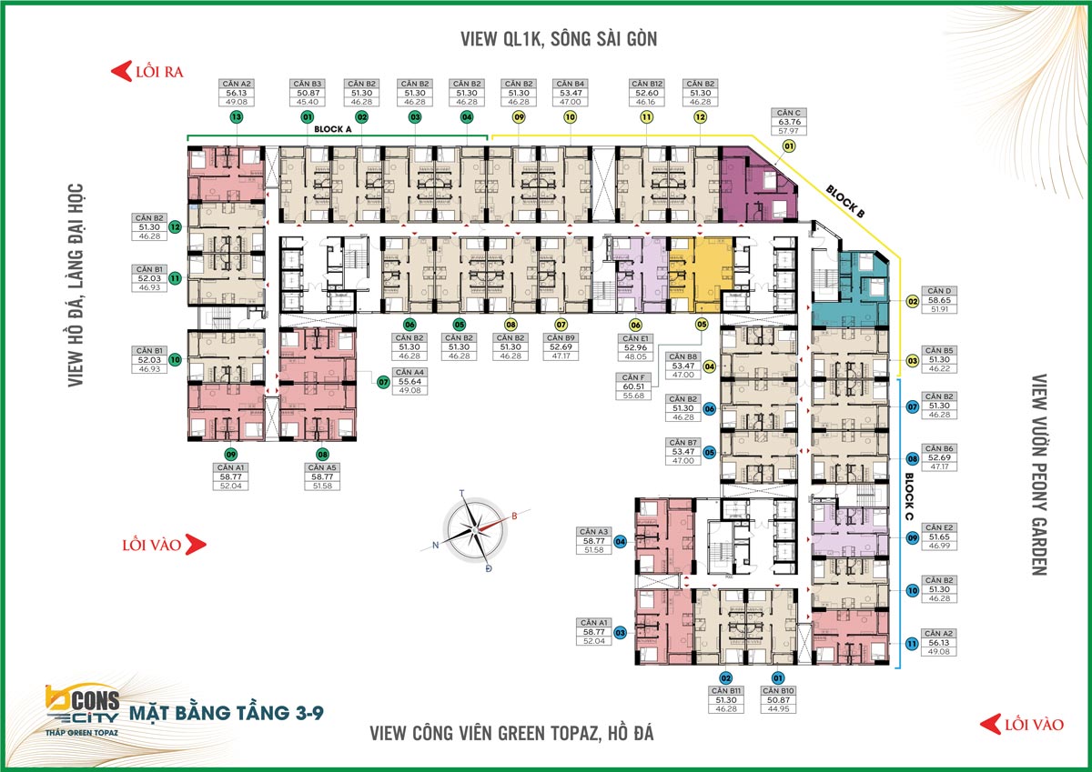 Bcons City Tháp Green Topaz 63 Mat bang tang 03 den 09 thap Green Topaz Bcons City